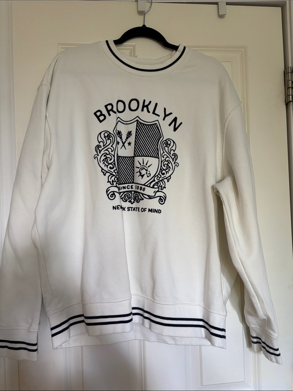 Old Navy White Crewneck with Navy Brooklyn Crest
